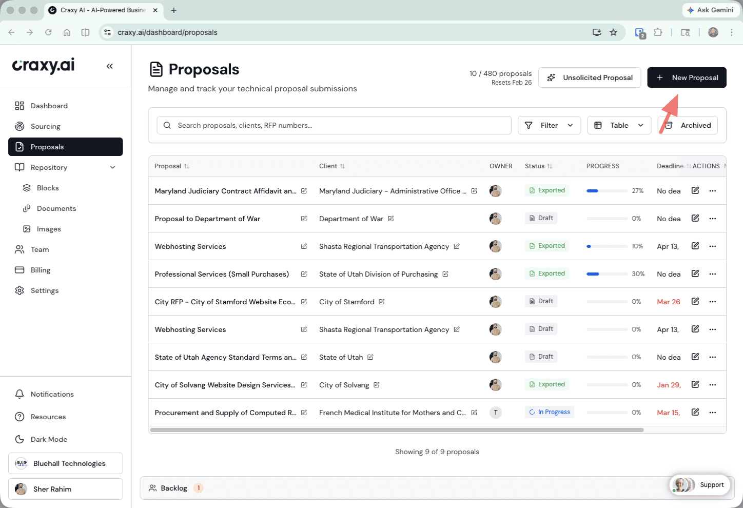 Proposals dashboard with the New Proposal button highlighted