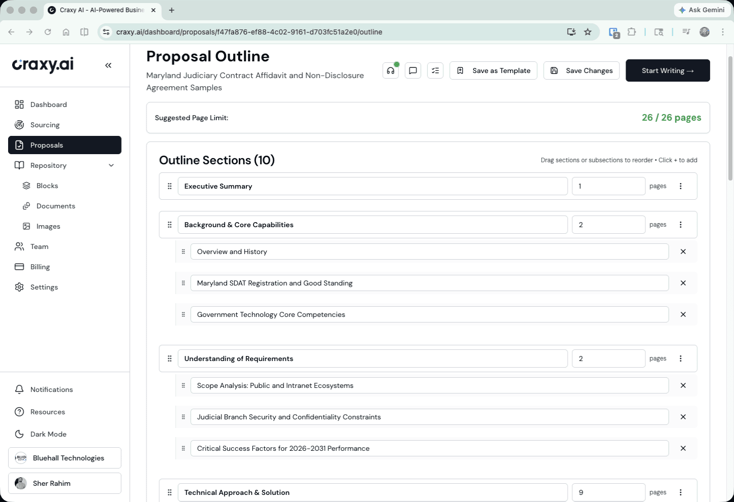Outline editor with generated sections, page limits, and Start Writing button