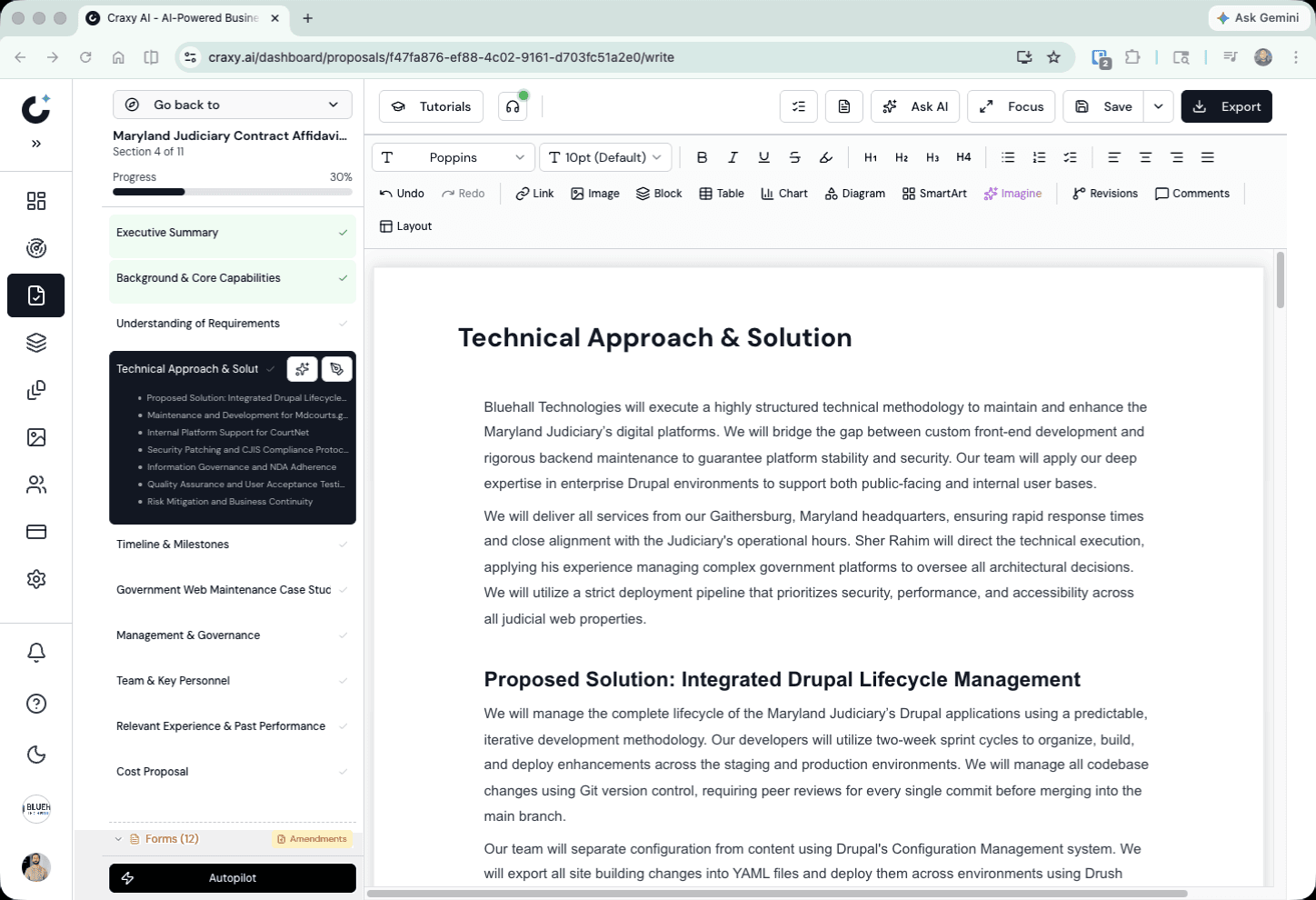 Proposal writer with rich text editor, section navigation, and toolbar