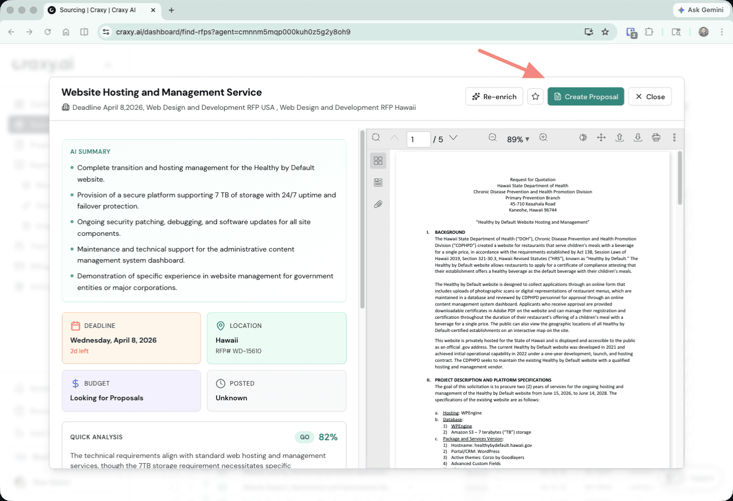 Result detail view with AI summary, deadline, budget, and Create Proposal button