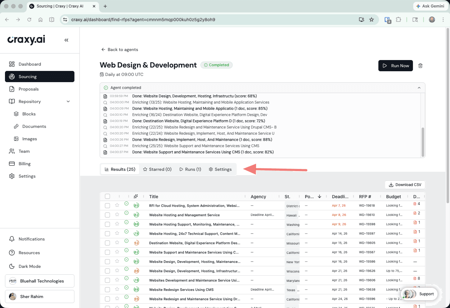 Agent activity log showing runs, enrichment status, and results
