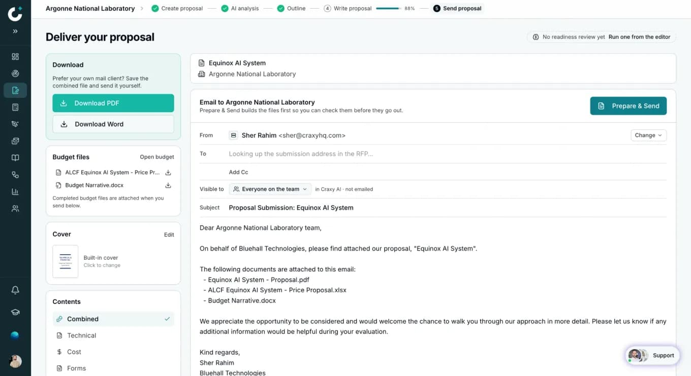 Delivering a proposal in Craxy AI: download as PDF or Word, or email it to the buyer with the budget files attached