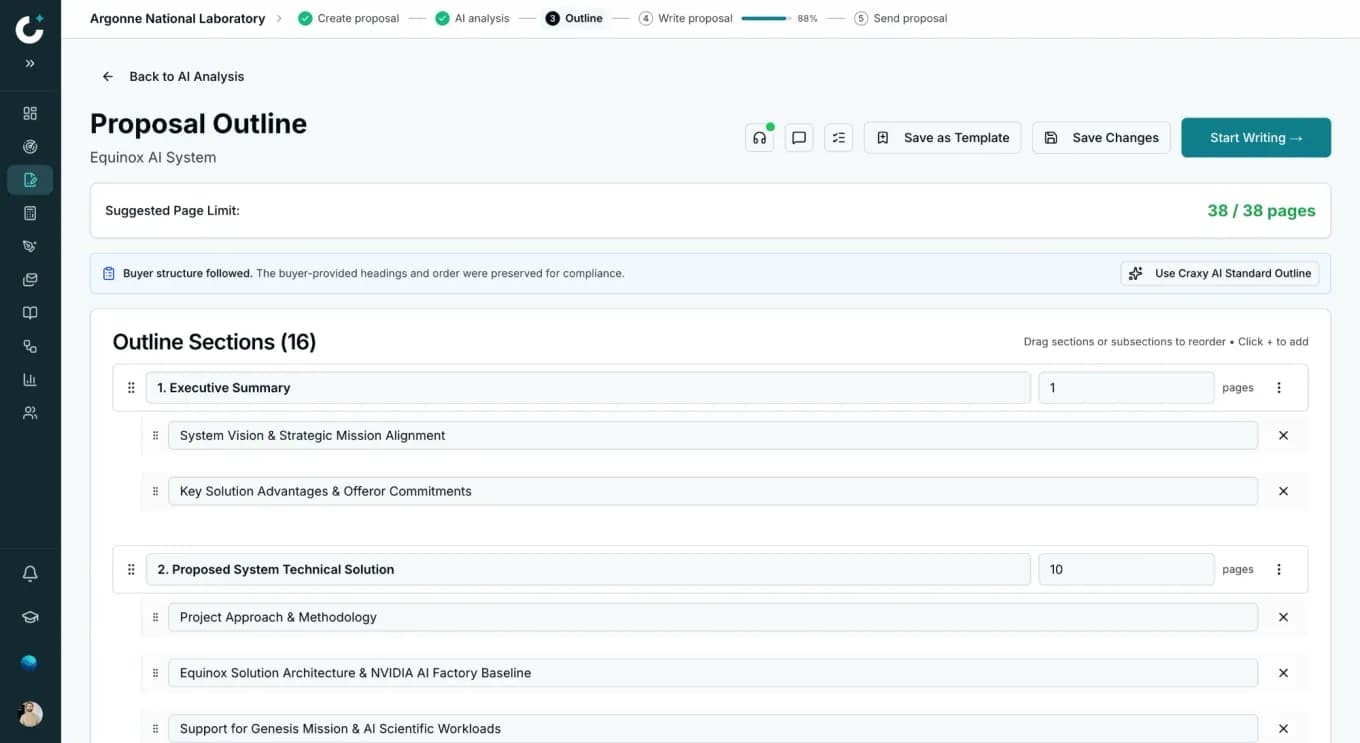 Proposal outline in Craxy AI: 16 sections with page limits that follow the buyer-provided structure