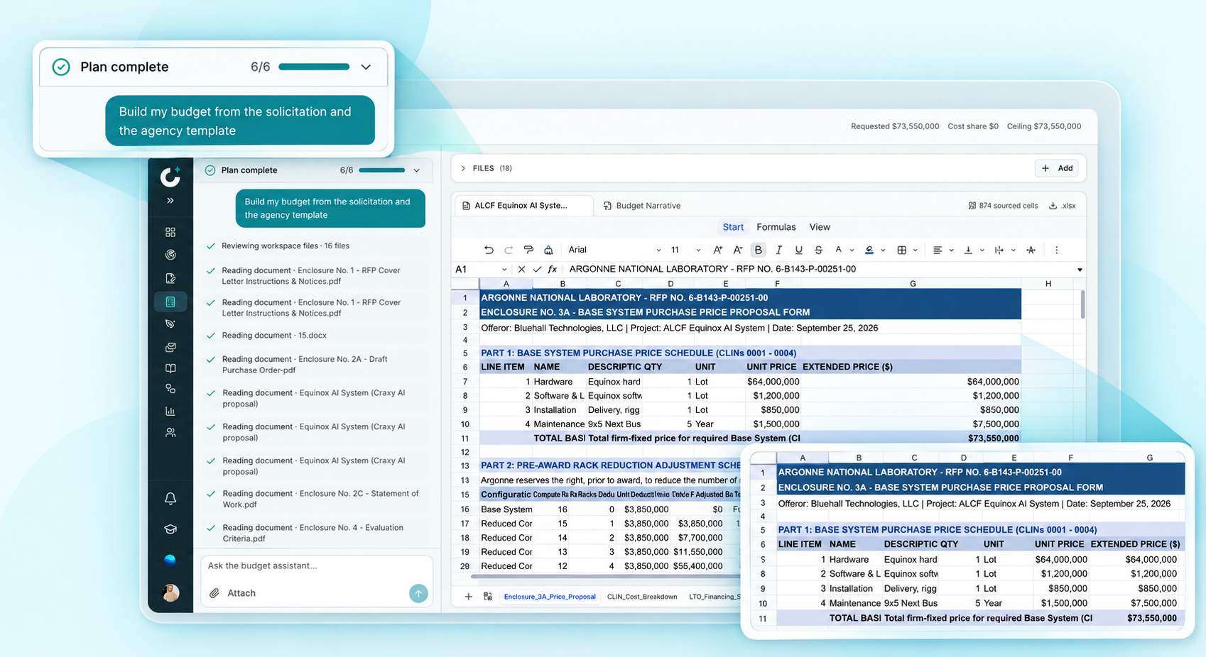Craxy AI budgeting workspace with the buyer’s cost-volume spreadsheet