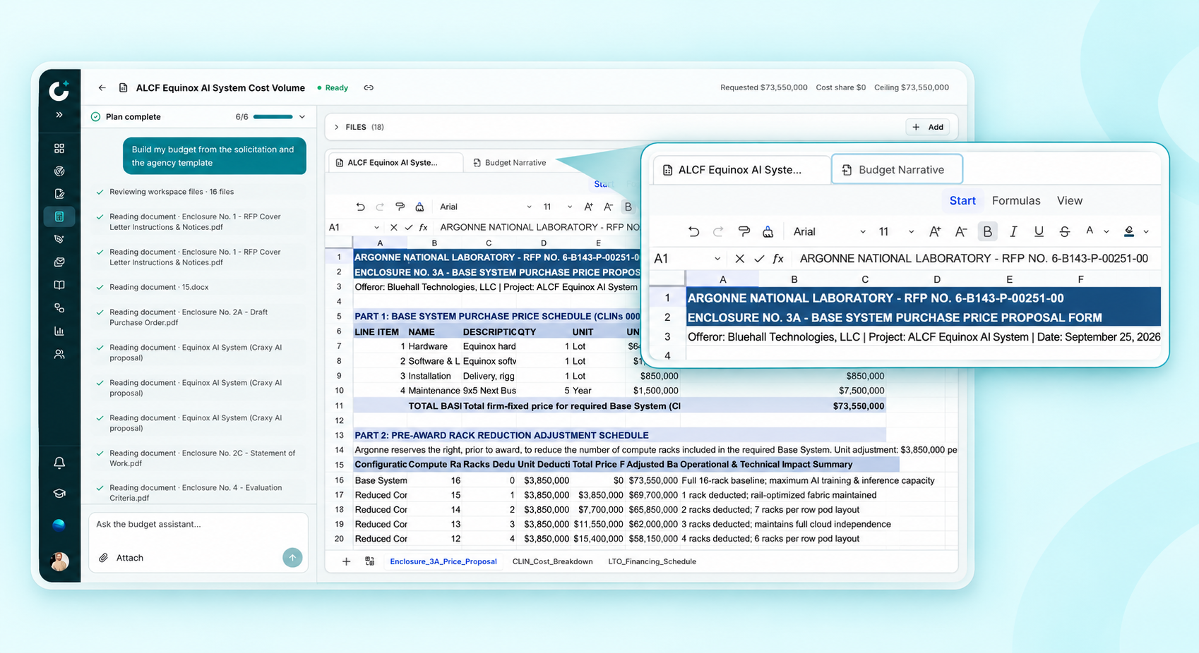 Budget workbook and narrative tabs in the Craxy budgeting workspace