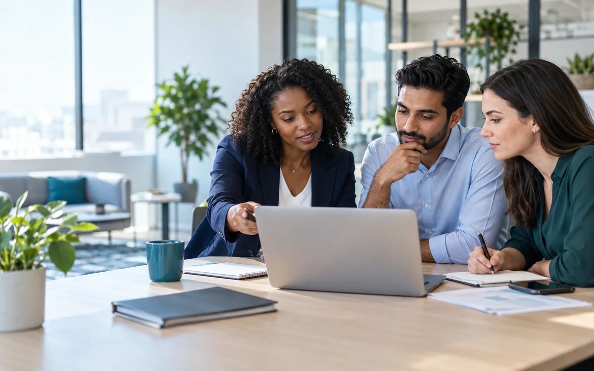 Business team collaborating on a proposal in a bright office